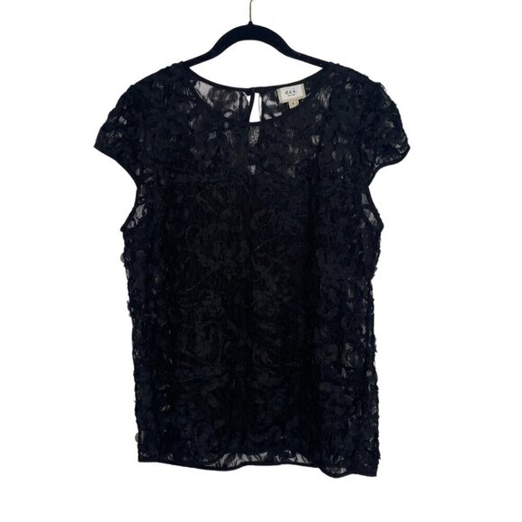 ECI New York Ruffled Black Lace Cap Sleeve Top with Built-In Camisole XL #248 - Picture 5 of 10